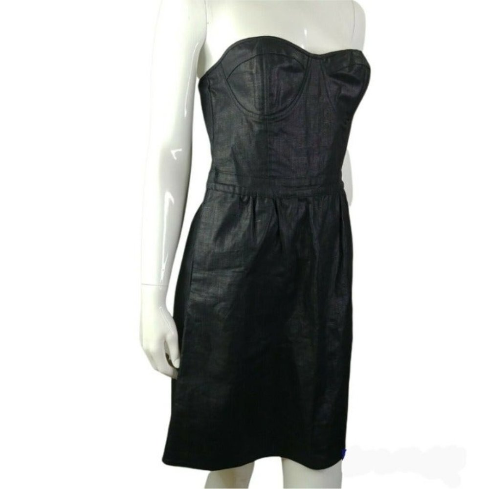 Jenny Han Black Linen Waxed Coated Strapless Cocktail Holiday Corset Dre…